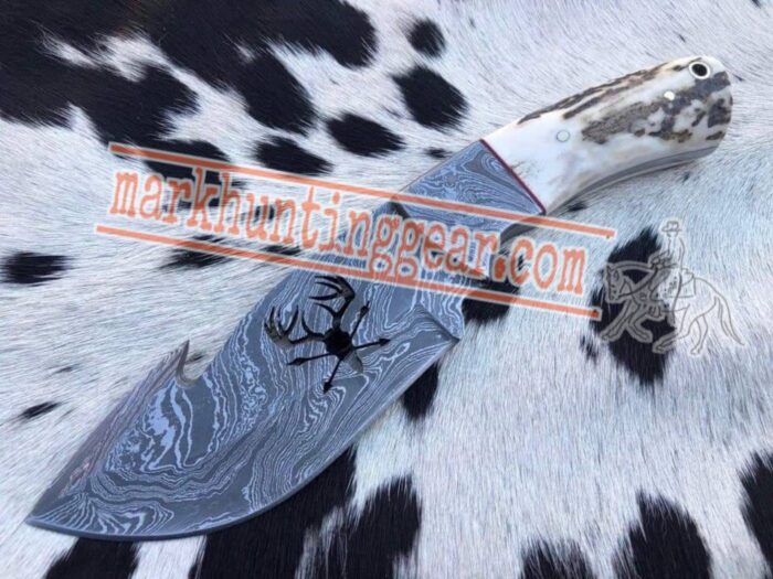 Custom Handmade Damascus Steel Gut Hook Skinner Knife - Image 1