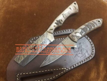 Custom made Damascus Steel Cowboy Skinner & Bull cutter knife Set