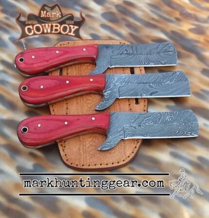 Custom made Damascus Steel Cowboy Bull Cutter Knife Set