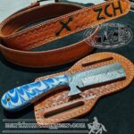 Custom made Damascus Steel Cowboy Bull Cutter Knife with Cowboy leader sheath & Belt.