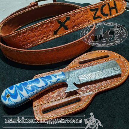 Custom made Damascus Steel Cowboy Bull Cutter Knife with Cowboy leader sheath & Belt.