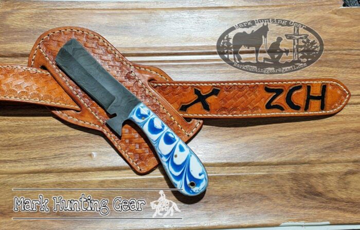 Custom made Damascus Steel Cowboy Bull Cutter Knife with Cowboy leader sheath & Belt. - Image 3