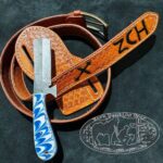 Custom made Damascus Steel Cowboy Bull Cutter Knife with Cowboy leader sheath & Belt. - Image 2