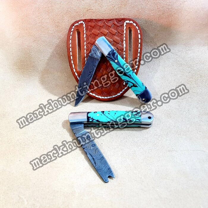 Custom Made Damascus Steel Cowboy Folding knife Pair… - Image 1