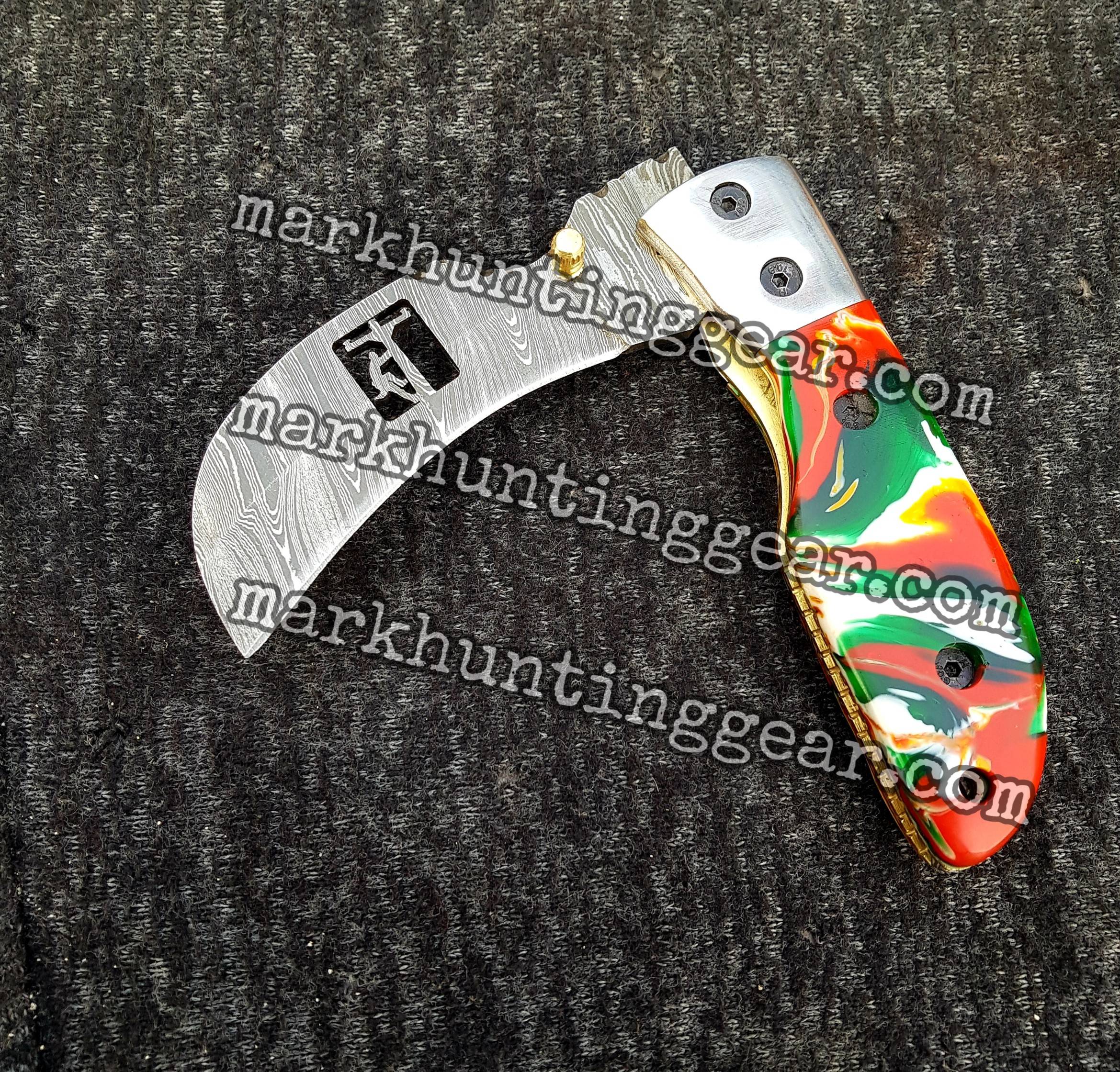 Custom Handmade Damascus Steel Hawkbill Pocket knife… | Mark Hunting Gear