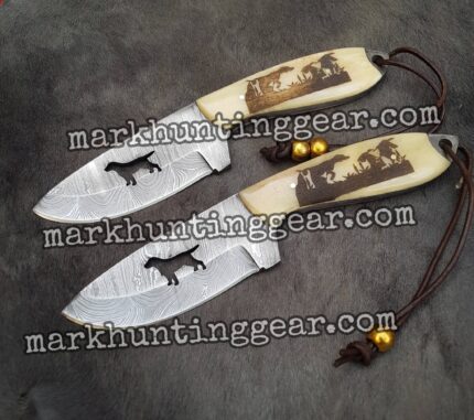 Custom Handmade Damascus Steel Skinner Knife Pair with Dog Cut Out...