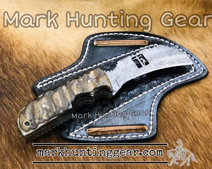 Custom Lineman Knife Made with Damascus Steel Ram Horn Handel. - Image 1