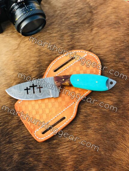 3 Cross Cut Out Cowboy Skinner Knife Comes with Leather Sheath