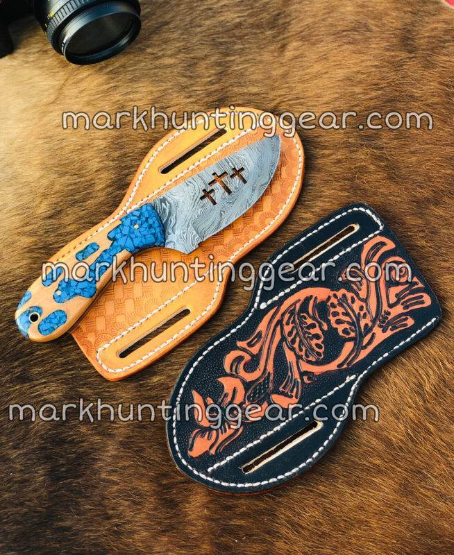 Custom Made Damascus Steel Skinner Knife with 2 Leather Sheaths - Image 1