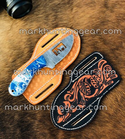 Custom Handmade Damascus Cowboy Skinner Knife With Both Leather Sheaths as in The Picture