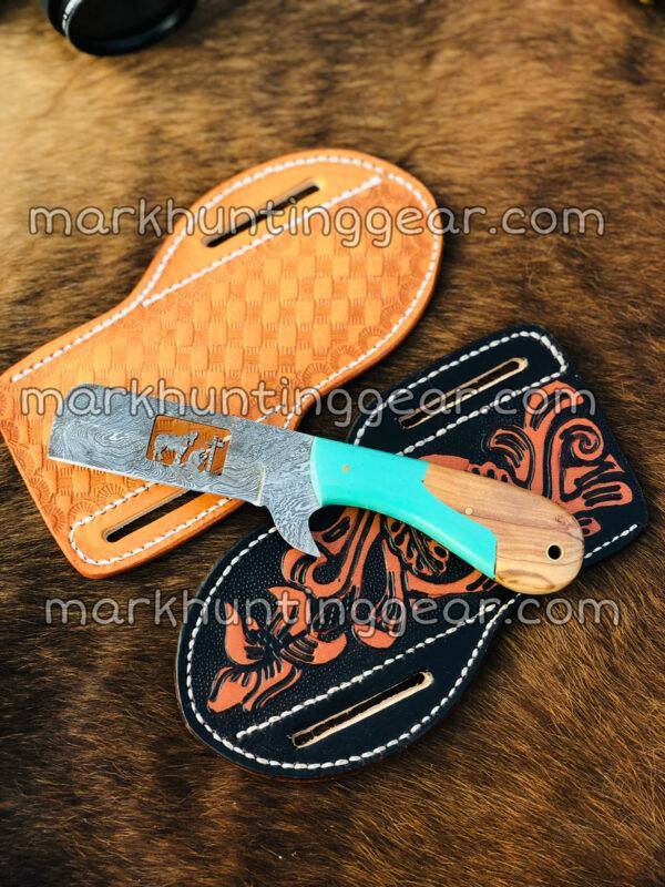 Custom Handmade Damascus Steel Bull Cutter Knife With Real Leather Sheaths - Image 1