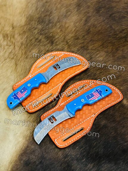 Custom Handmade Damascus Steel Lineman Knife Pair With leather sheaths