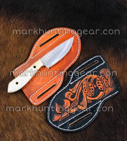 Custom Handmade Resp Steel Cowboy Skinner Knife Elk Bone Handel With Two Leather Sheaths.