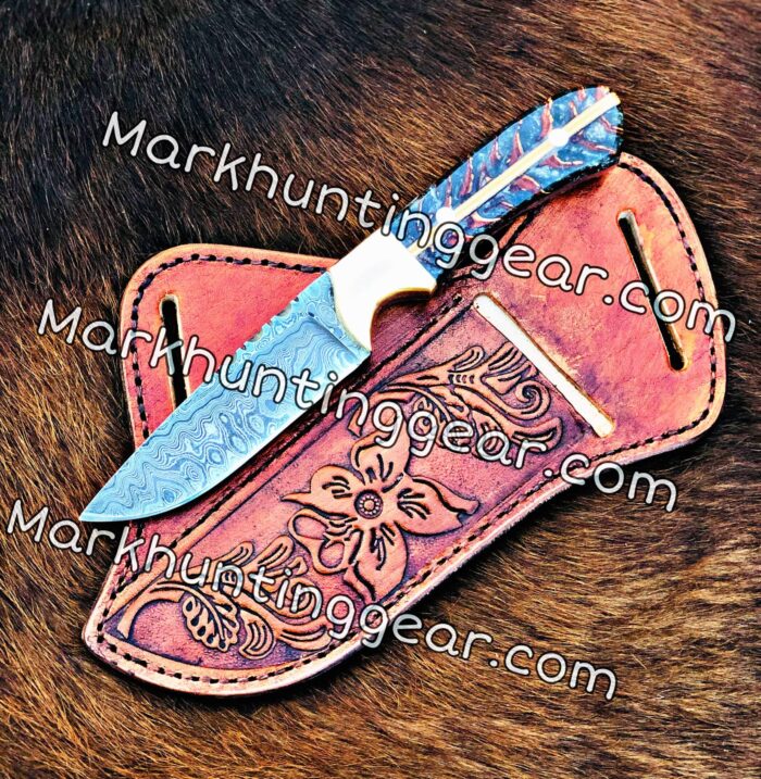 Custom Handmade Damascus Steel Cowboy Knife Skinning With Back Drow Leather Sheath. - Image 1