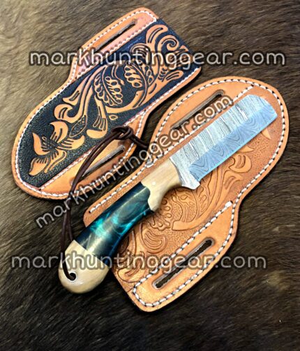 Custom Handmade Damascus Steel Bull Cutter Knife Comes with Two Cross Drow Leather Sheaths