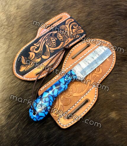 Custom Handmade Damascus Steel Cowboy Knife Bull Cutter Comes With Cross Drow Leather Sheath.
