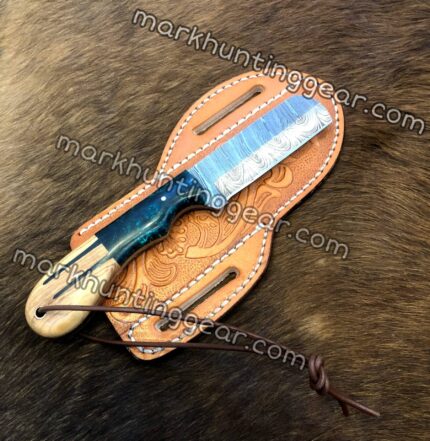 Custom Handmade Damascus Steel Cowboy Knife Bull Cutter Comes With Cross Drow Leather Sheath.
