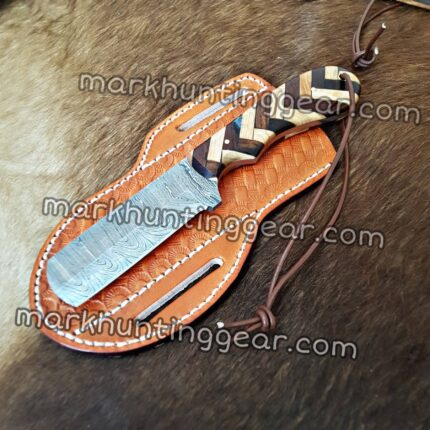 Custom Handmade Damascus Steel Cowboy Knife Bull Cutter Comes With Cross Drow Leather Sheath.