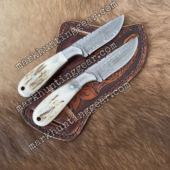 Rain Drops Damascus Steel Cowboy Knife with Stag Horn Handle - Image 1