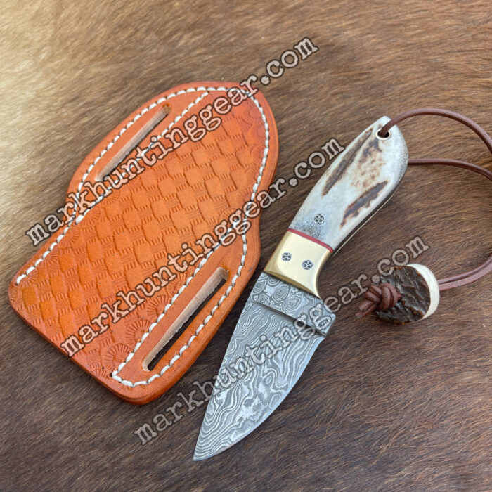 Real Antler Handel Custom Handmade Damascus Steel Cowboy Skinner Knife With Leather Sheath - Image 1