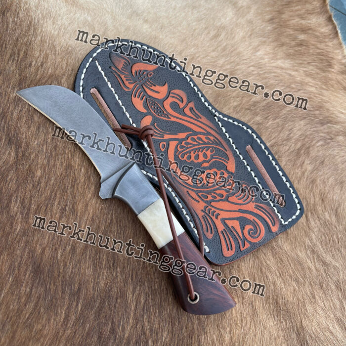 High Quality 1095 Steel Lineman Knife - Fixed Blade Hawkbill, Elk Bone, Wood & Steel Guard - 3.5'' Blade - Comfortable Handle - Leather Sheath - Image 1