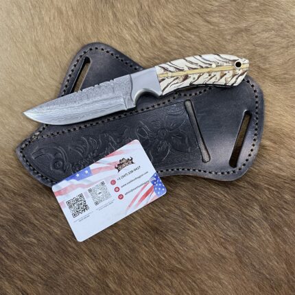 Custom Handmade Damascus Steel Cowboy Skinner Knife with leather sheath
