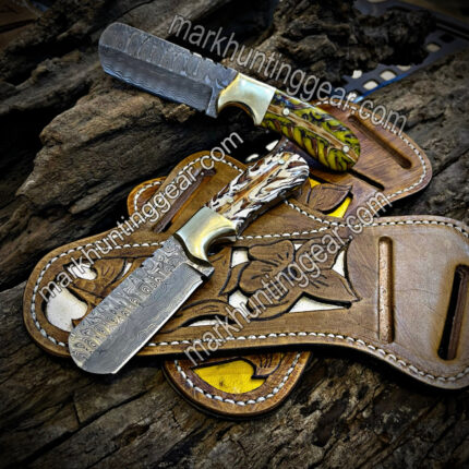 Custom Made Bull Cutter Knife Pair With Beautiful Leather Sheaths.