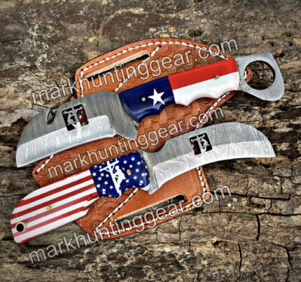 Custom Handmade Damascus Steel Lineman Knives With Leather Sheaths