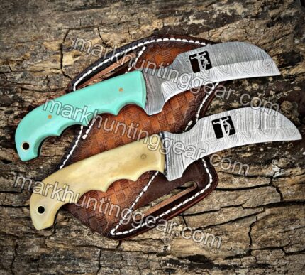Custom Handmade Damascus Steel Hawkbill Knife Pair With two Leather Sheaths