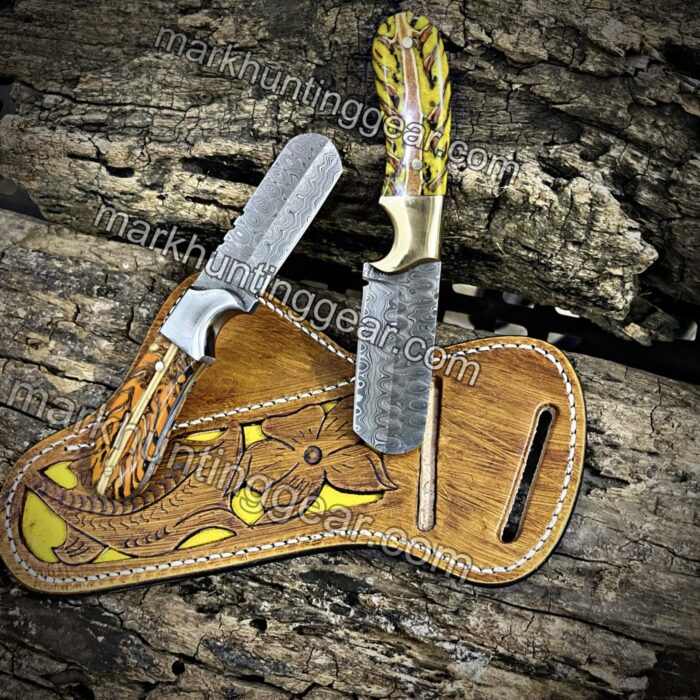 Custom Handmade Damascus Steel Cowboy Bull Cutter Knife with Leather Sheaths - Pinecone Resin Handle - 7" Overall, 3" Blade - Image 1