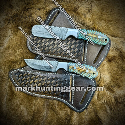 Custom Handmade Damascus Steel Cowboy Skinner and Bull Cutter Knife Set with Leather Sheaths
