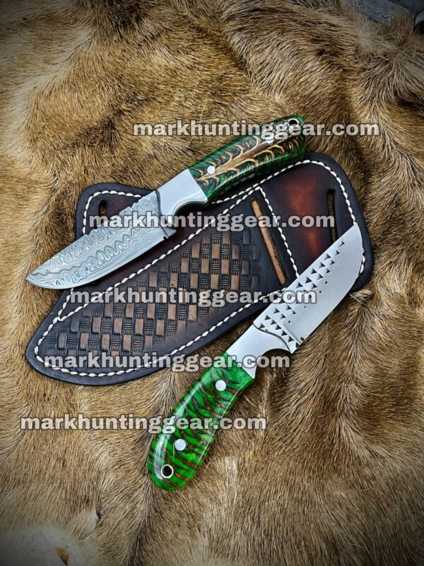Custom Handmade Damascus Steel Cowboy Skinner Knife Pair with Green Resin & Pinecone Handles - 7.25" & 7.5" Overall, Leather Sheaths - Free Personalization - Image 1