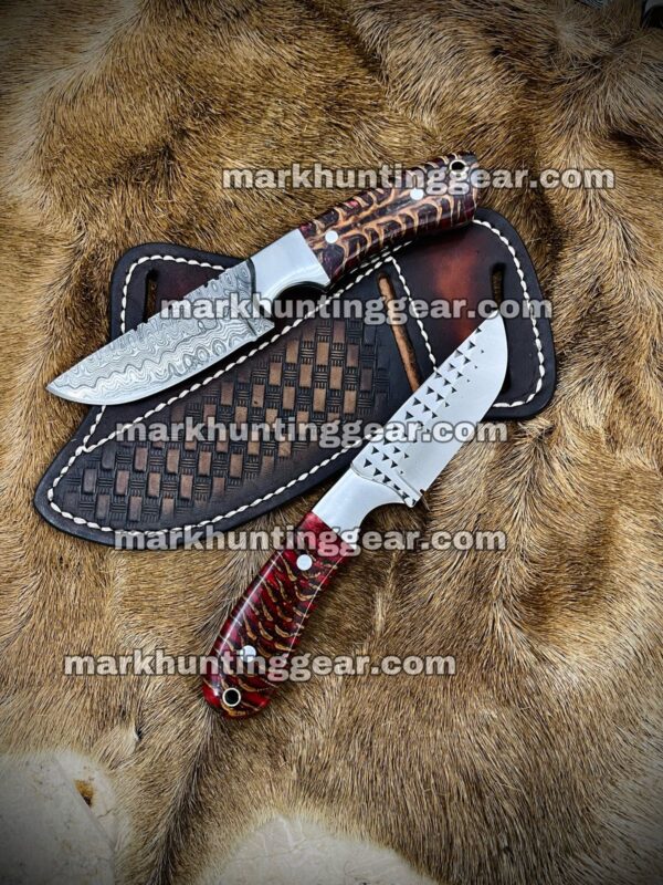 IMG-20231205-WA0013 Custom Made Cowboy Skinner Knife Pair with Red Resin & Pinecone Handles | Damascus & Resp Steel | Razor Sharp Blades | Free Engrave - Image 1