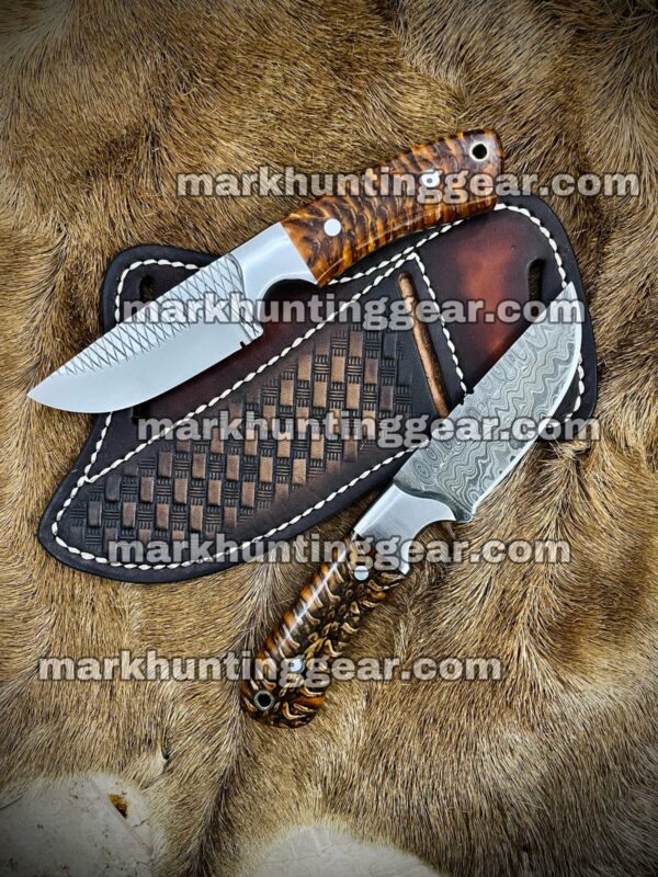 Custom Handmade Damascus & Resp Steel Cowboy Skinner Knife Pair with Leather Sheaths - Image 1