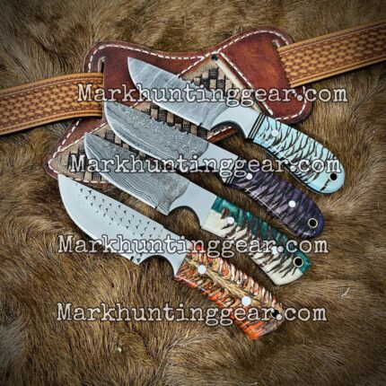 Deal Of 4 Knives With Leather Sheaths Custom Handmade Damascus Steel Cowboy Skinner Knives With Beautiful Made Of Pinecone Handles .